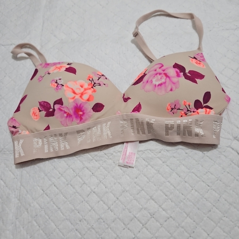 Pink Victoria Secret Floral Pink Bra with Logo Band Sz 32 B